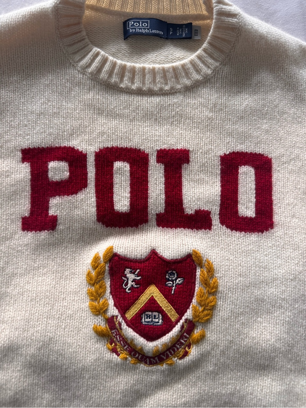 Polo by Ralph Lauren Cream Crewneck Sweater with Red 'POLO' and Gold Crest - Picture 4 of 7